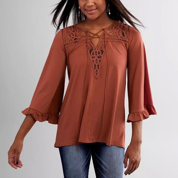 DAYTRIP Lace Crochet Yoke Split Neck Blouse - Picture 3 of 7